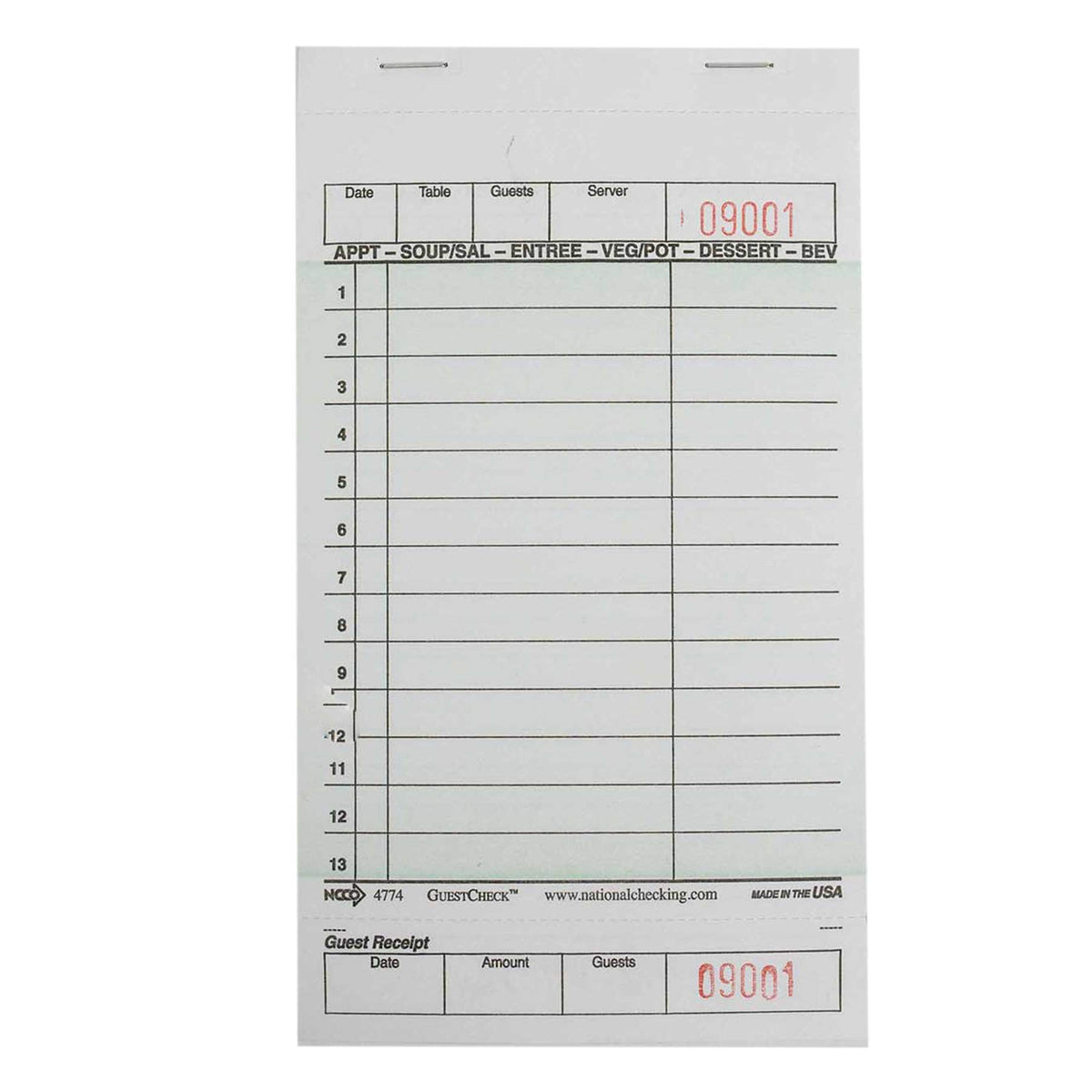 National Checking Company Guest Check Board - 1 Part Green by NCCO – Pack of 2500, Model G4774SP
