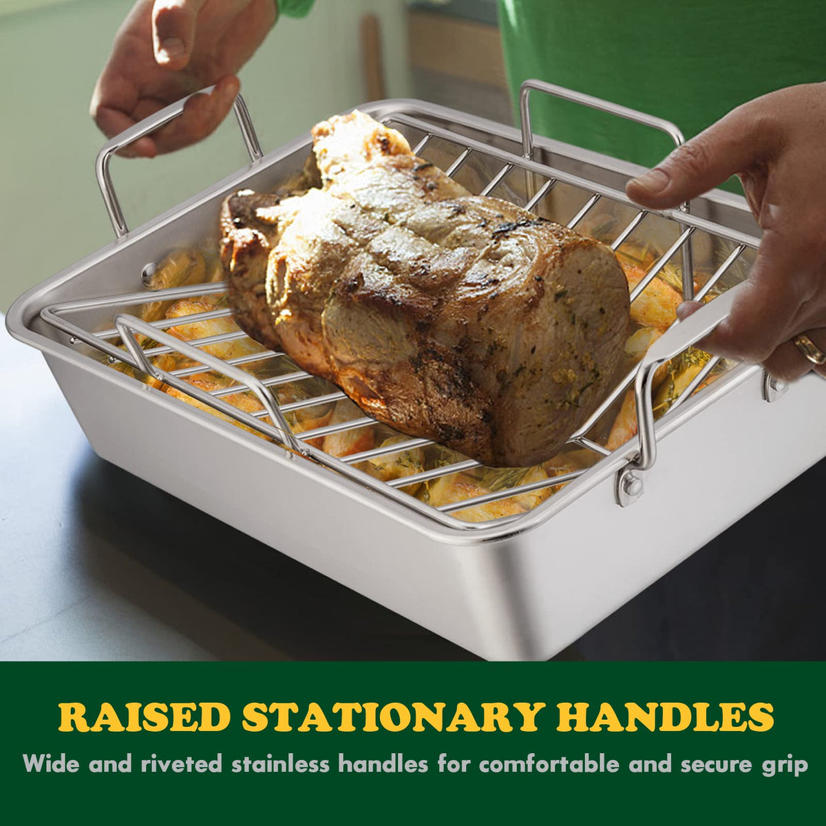 E-far Stainless Roaster with Racks, 16 by 11.5 Inch, Silver Large