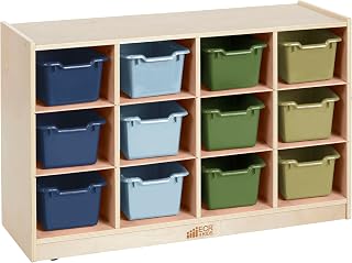 ECR4Kids 12 Cubby Mobile Tray Cabinet with Bins, 3x4, Natural, Earthtone