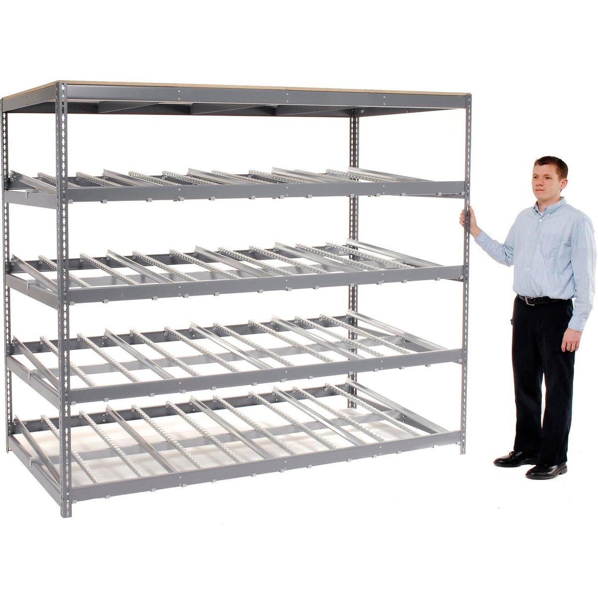 4 Level Single Depth Gravity Flow Carton Rack by Global Industrial – 48"L x 96"W x 84"H, Alloy Steel, Grey, Model 184058
