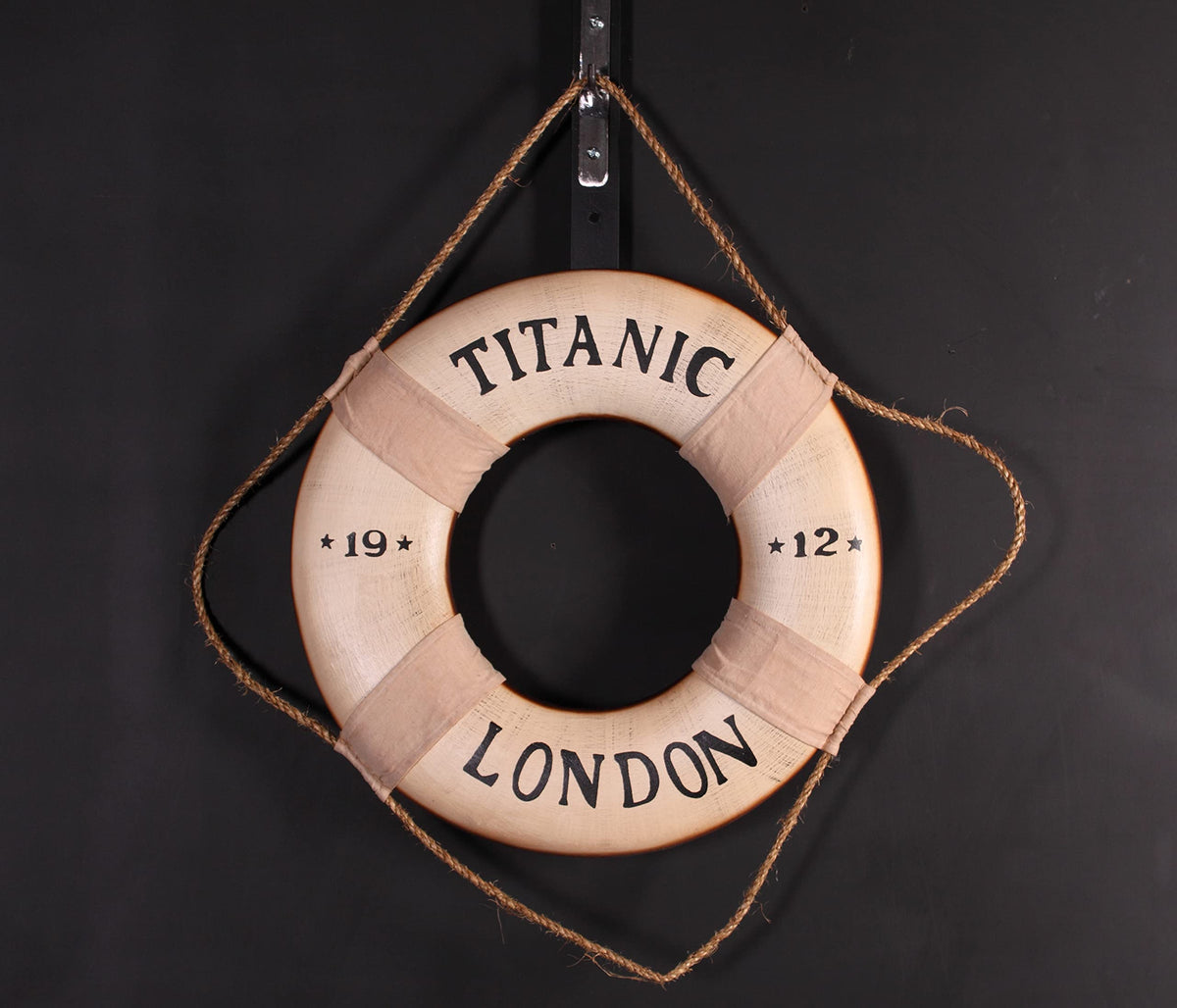 Titanic Life Preserver by AFD Home – 18 DIA X 2D, Fiberglass, Rope, Rope, Off-white, Black, Model T-OTBTL