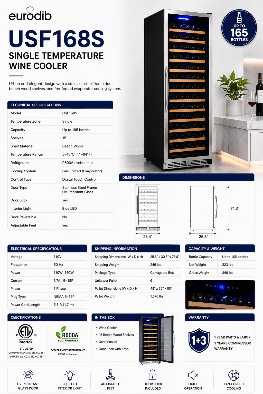 Commercial Wine Cooler by Eurodib – 24" W, 165.0 load, Arborite, Black, Model USF168S