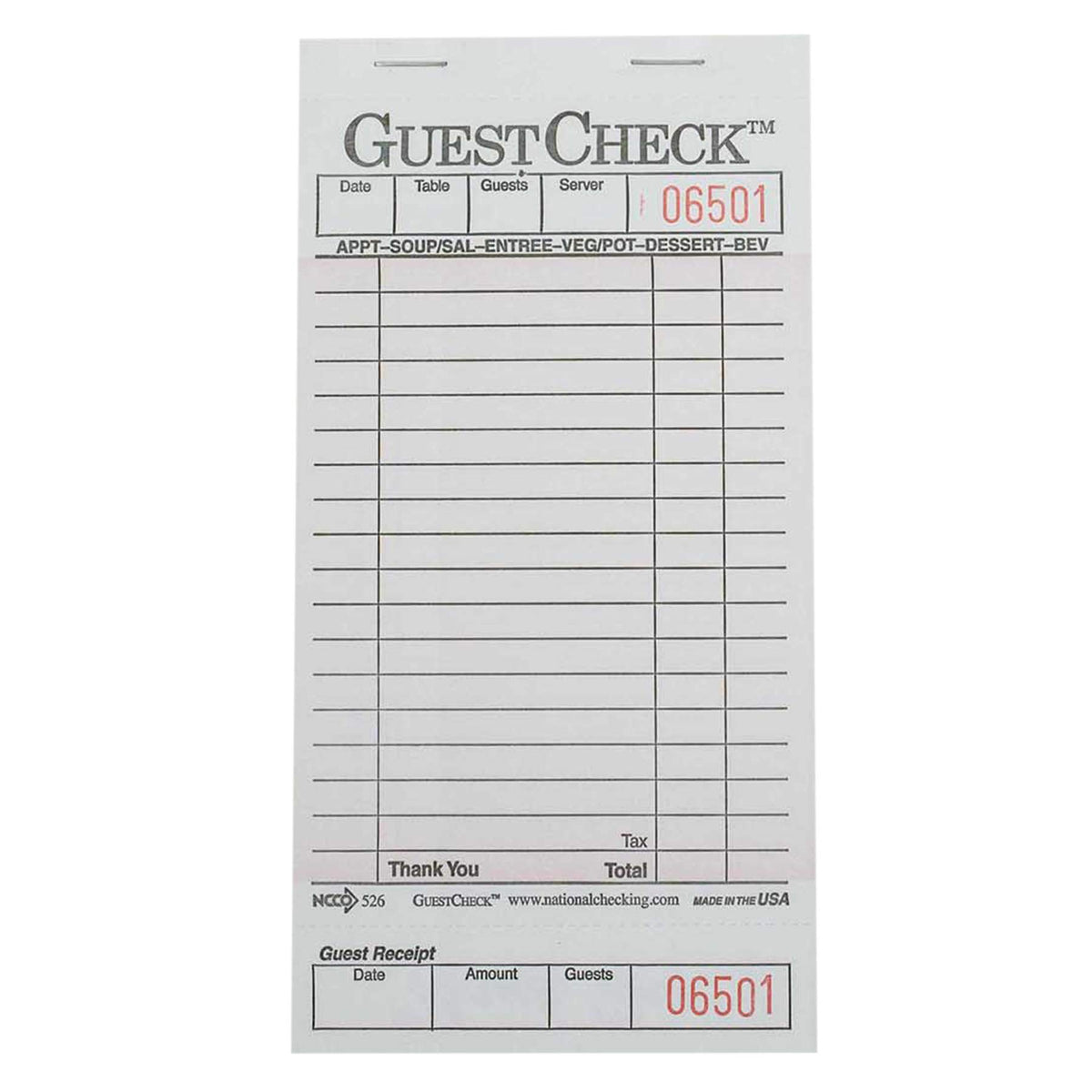 National Checking Company Guest Check Board - 1 Part Pink, 18 Line, 3.5 x 6.75 inch - 2500 per case.