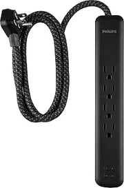 PHILIPS Surge Protector Power Strip with USB Ports, 4 Ft Braided Extension Cord, 450 Joules, 4 Outlet Extender, 2-USB-C, Flat Plug, Home Office Dorm Essentials, Black, SPP6285B/37