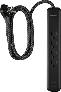 PHILIPS Surge Protector Power Strip with USB Ports, 4 Ft Braided Extension Cord, 450 Joules, 4 Outlet Extender, 2-USB-C, Flat Plug, Home Office Dorm Essentials, Black, SPP6285B/37