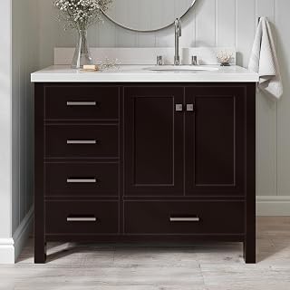 ARIEL Cambridge 43 Inch Espresso Bathroom Vanity with Single Sink, Solid Wood, White Quartz Countertop, 1.5-Inch Edge, Right Oval Undermount Sink, 2 Soft Closing Doors, 5 Drawers