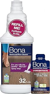 Bona Hardwood Floor Cleaner Bottle for use with Swiffer WETJET Spray Mop, makes 64 Fl Oz - Includes Filled Bottle + Concentrate Refill for Wood Floor Cleaning