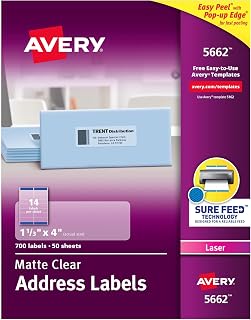 Avery Printable Address Labels, Sure Feed® Technology, 1-1/3" x 4", Matte Clear, 700 Blank Mailing Labels (05662) (Pack of 5)