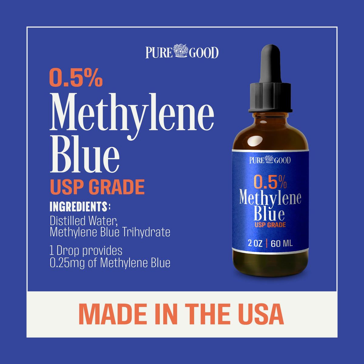 Methylene Blue 0.5% Liquid by PureGood – 2 Ounces, 60.0 milliliters, Glass, Amber, Model PG 1036