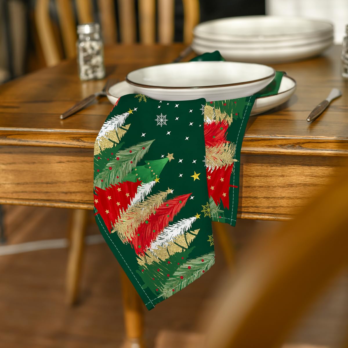 Horaldaily Cloth Napkins, Pine Tree Stars Print, Green, Set of 6
