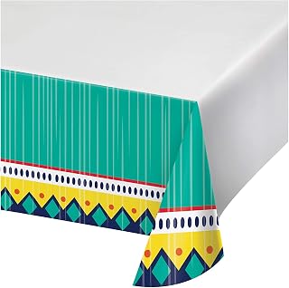Creative Converting Colorful Pottery Paper Tablecloth, 54" x 102", Turquoise, Yellow, White an Red