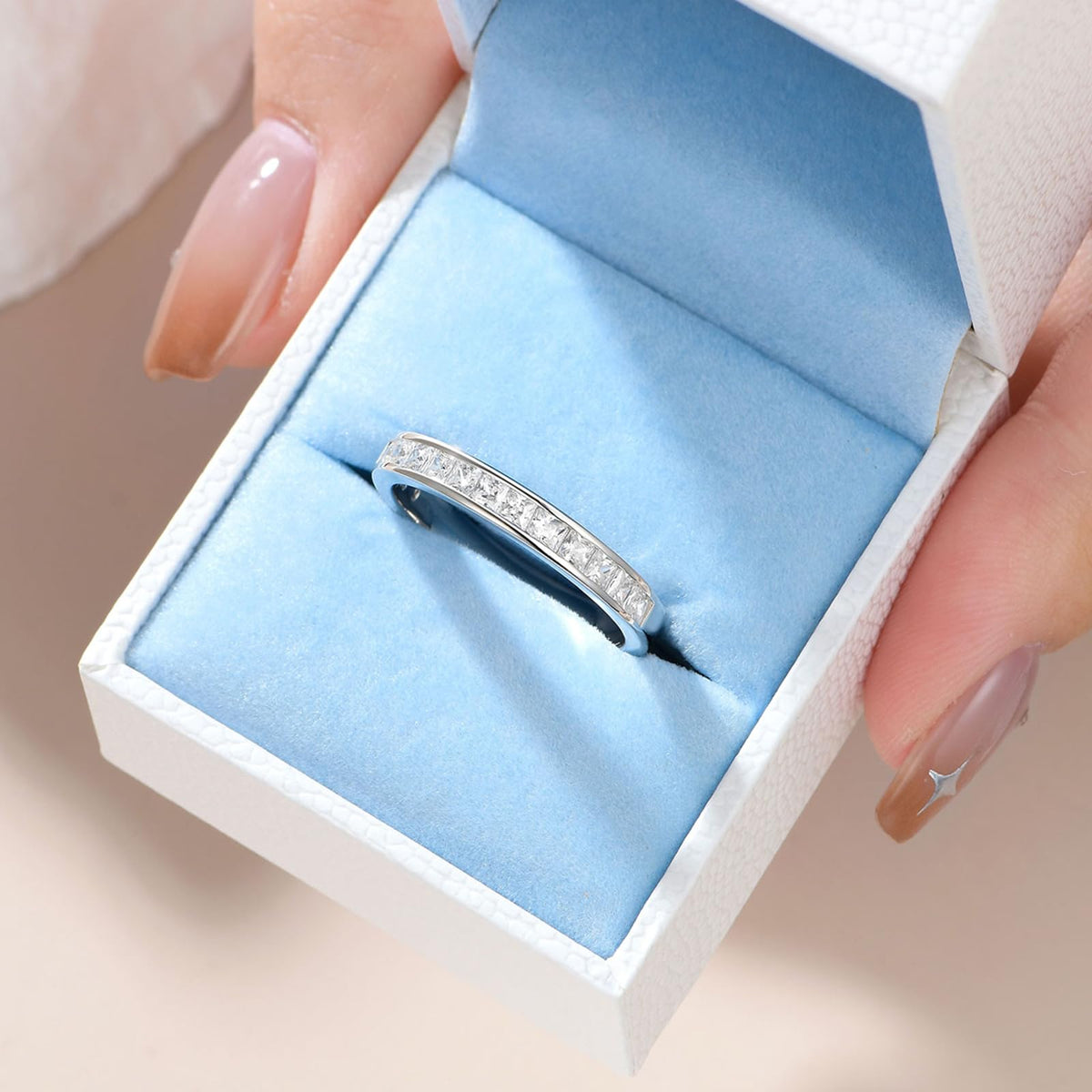 Princess Wedding Bands for Women Channel Half Eternity by Newshe Jewellery – 9, Gemstone, Princess Cut Cubic Zirconia, Model BR0757_BAND_9-JP