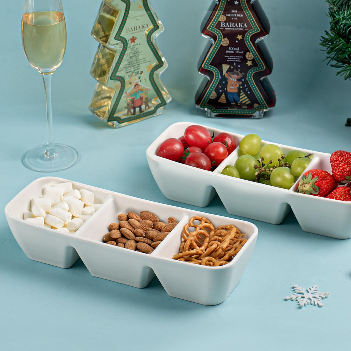 LUFILUFI Ceramic Appetizer Tray, 3 Sections White, Set of 2