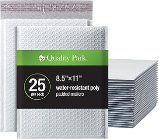 Quality Park Bubble Mailers, 8.5 x 11 Shipping Envelopes, Water Resistant White Poly Padded Envelopes, Redi-Strip Peel Off Closure, 25/Box (QUA85859)