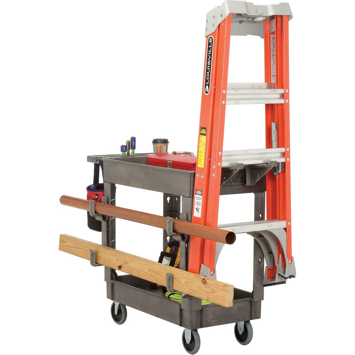 Plastic 2 Shelf Service Cart with Ladder Holder and Utility Hooks by Global Industrial – 38"L x 23.5"W x 32.5"H, Plastic, Gray, Model 800371