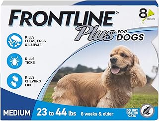 Frontline Plus Flea & Tick Spot Treatment for Medium Breed Dogs 23-44 lbs. (Blue) Count of 8 | Trusted by pet owners for over 20 years,² kills fleas, ticks & chewing lice, waterproof 24 hr