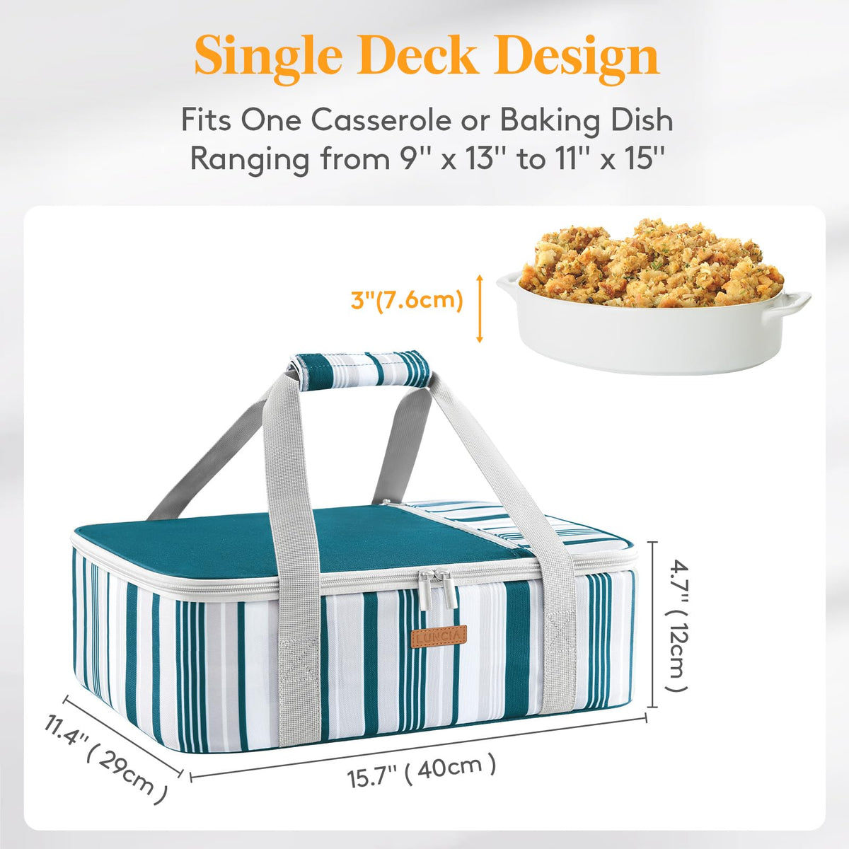 Luncia Insulated Casserole Carrier, Single Decker Tote, Green 15.7 x 11.4 x 4.7 Inch