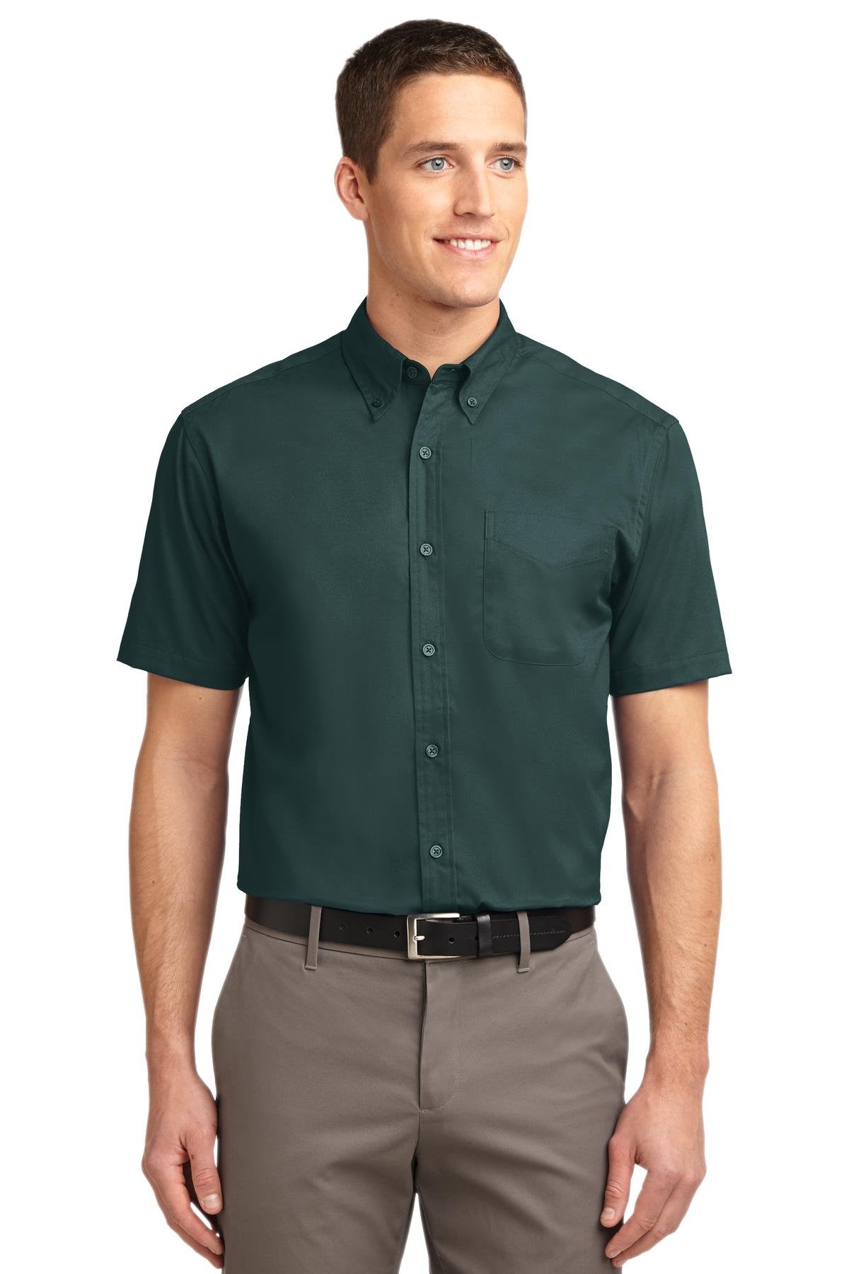 Men's Tall Short Sleeve Easy Care Button-Down Shirt by Port Authority – XX-Large Tall, Cotton,Stone, Dark Green/Navy, Model SNM-794731