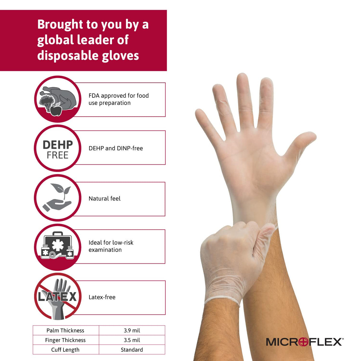 MICROFLEX Derma Free DF-850 Vinyl Gloves by Ansell – Medium, Vinyl, Natural, Pack of 100, Model DF-850-M