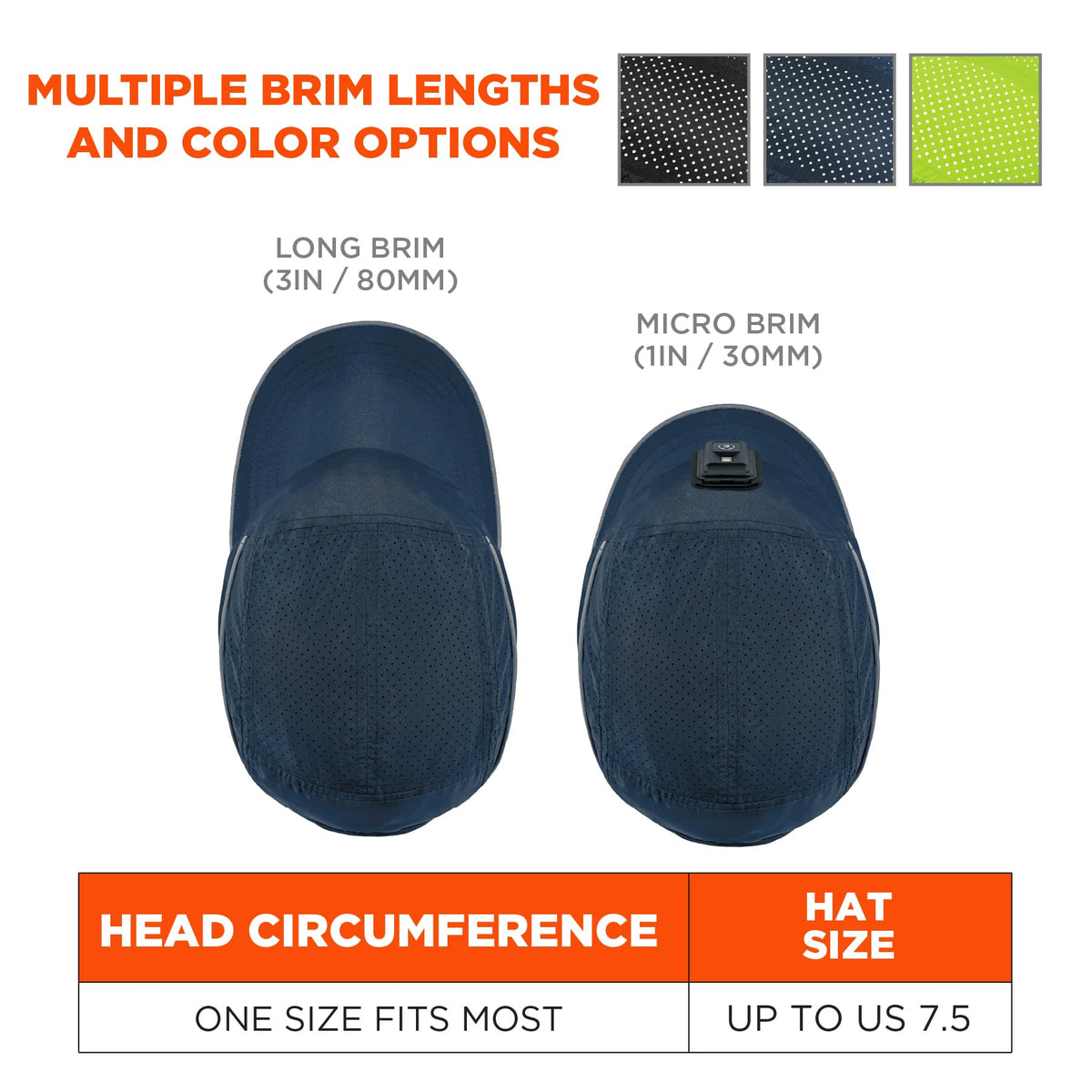 Skullerz 8965F(x) Safety Bump Cap Hat with Rechargeable LED Light by Ergodyne – One Size, Hat: 100% Polyester, Shell: HDPE, Navy, Model 23473