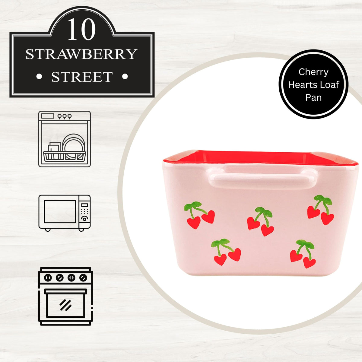 Cherry Hearts Loaf Pan by 10 Strawberry Street – 64, 64.0 fluid_ounces, Stoneware, White, Model CLF-40-50-004