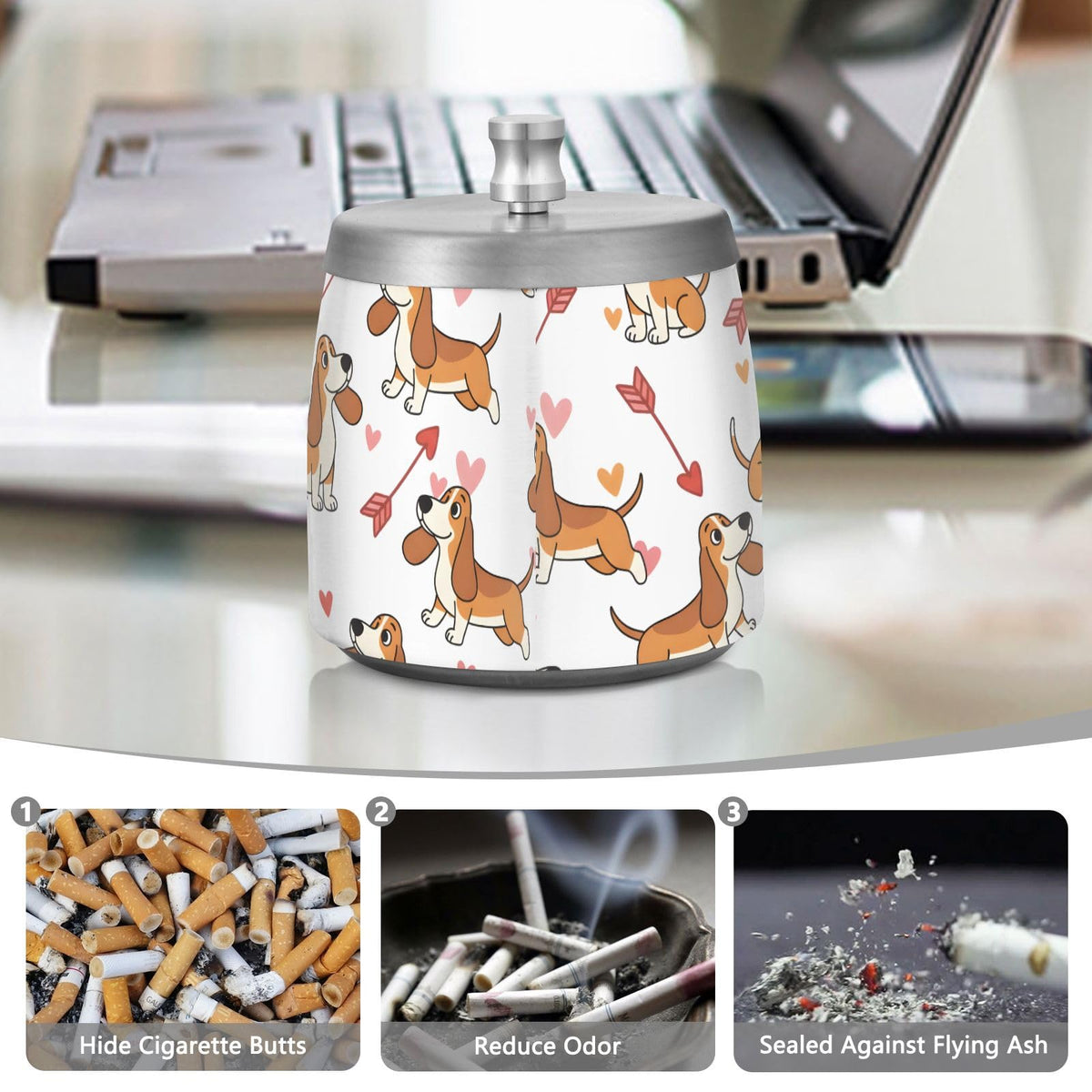 Heart Dog Pattern Splash Ashtray with Lid by ALAZA – Stainless Steel, C484, Model g541177090p1082c1149s2657
