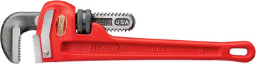 RIDGID 31015 Heavy-Duty Straight Pipe Wrench, 12" Sturdy Plumbing Wrench with Self Cleaning Threads and Hook Jaws, Red, Small