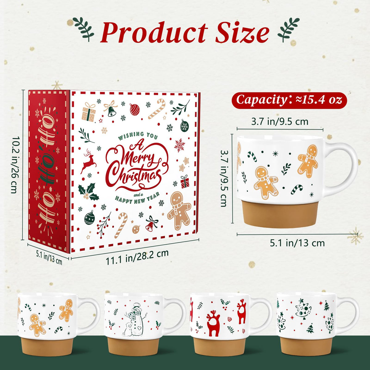 Qiksion Christmas Mugs, 16 Ounce Ceramic Set of 4, Red Green