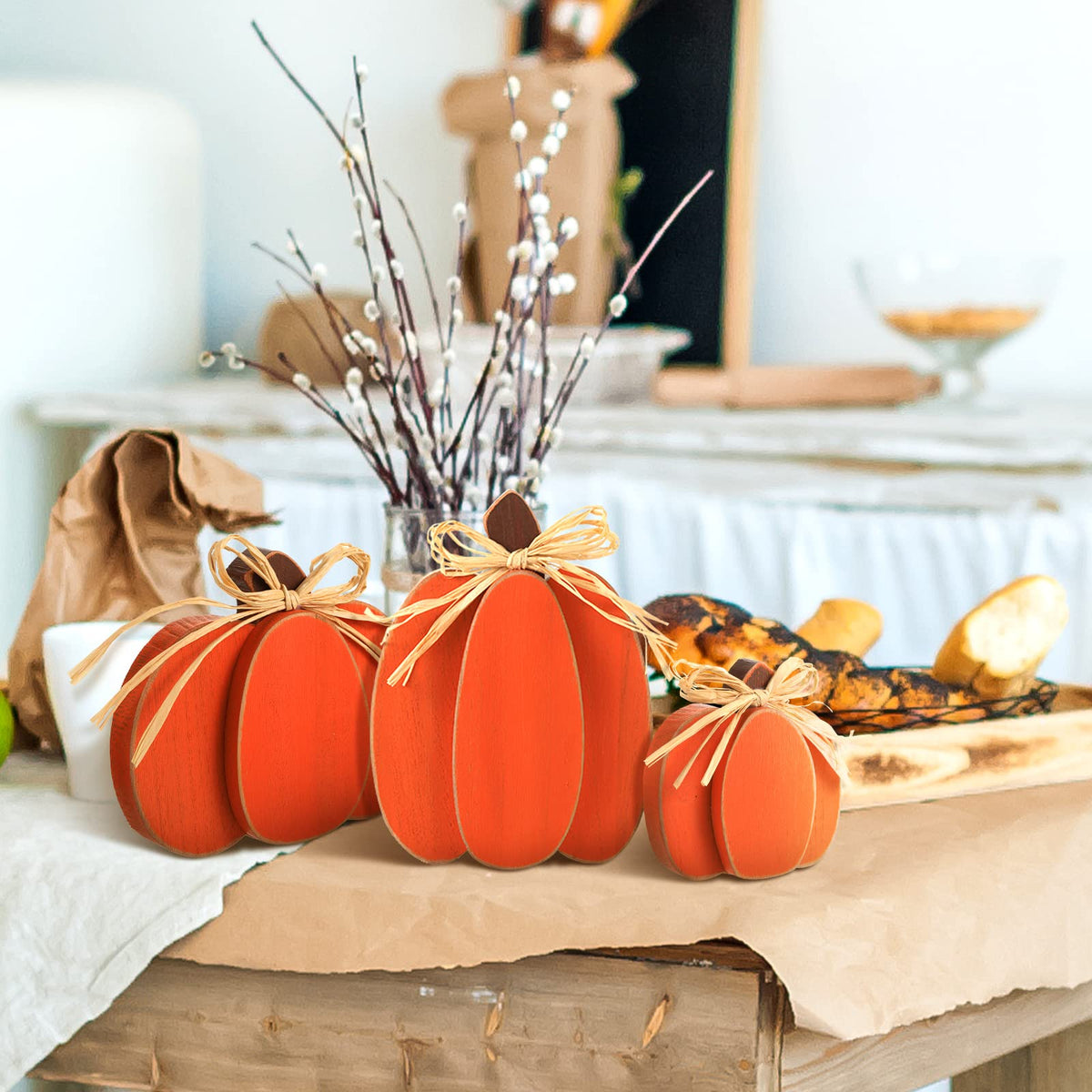 Ferraycle Wooden Pumpkin Decor, Set of 3, Orange