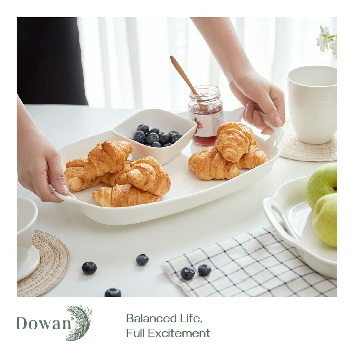 DOWAN Porcelain Serving Platter Set, 15.4 x 10 Inch Rectangular with Handles, White