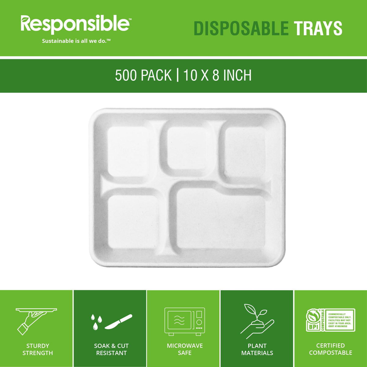 Responsible Products 5-C Food Trays (500 Count) / Classic White / Casual Plates