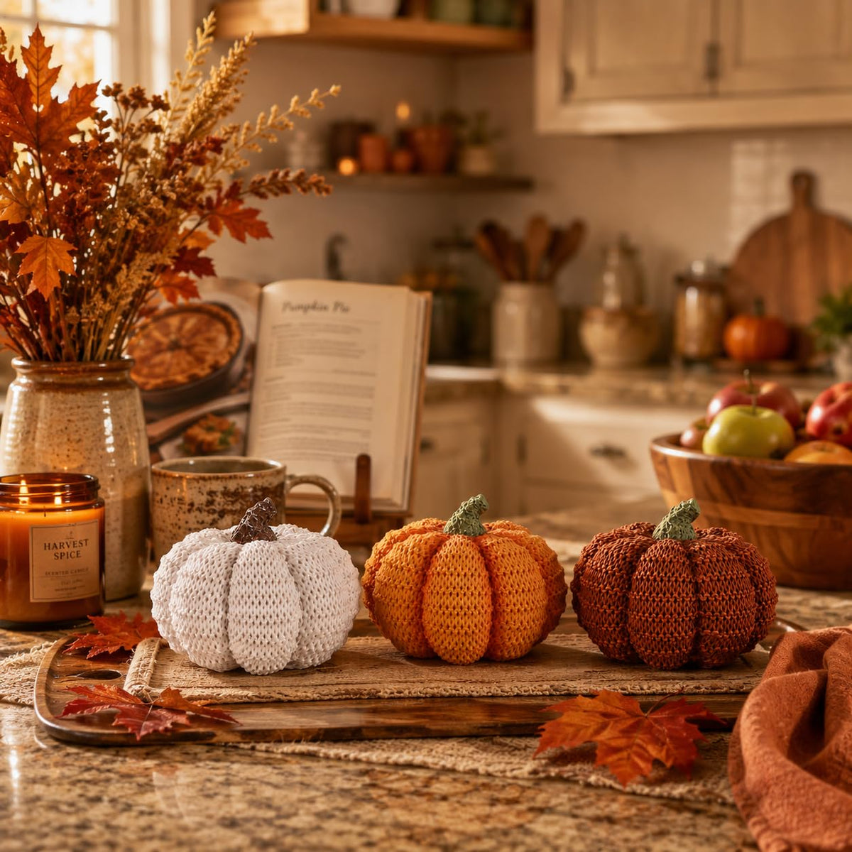 Meetyamor Resin Pumpkin Set, Knit Texture, White Orange Brown