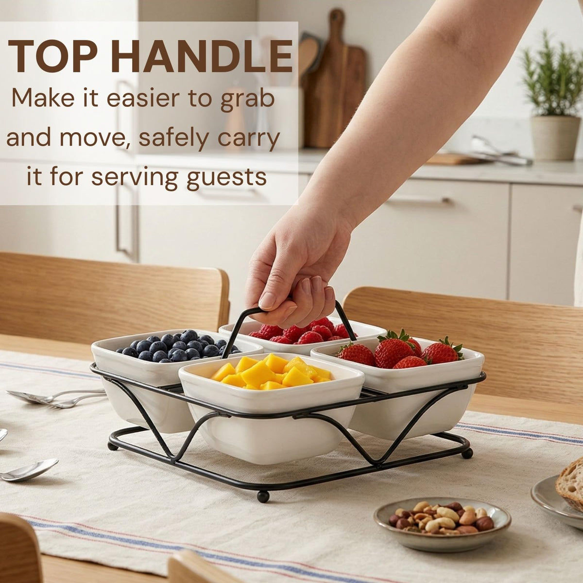 Pumtus Ceramic Divided Snack Tray, 4 Removable 12oz Bowls with Metal Stand, White