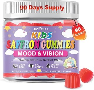 Saffron Gummies for Kids, Calm Focus Gummies for Kids, w/Multivitamin, 90Ct | Organic Saffron Supplements, L-Theanine, Omega-3, Support Happy Mood, Cognition & ZZz, Sugar Free, Raspberry Flavor