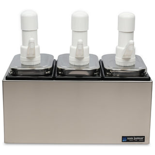 CFS Jamar Stainless Steel Condiment Pump Service Center with 3 Wells Black Jars by San Jamar – 14 inches x 7.875 inches x 12.5 inches, 1.0 fluid_ounces, Model P9713