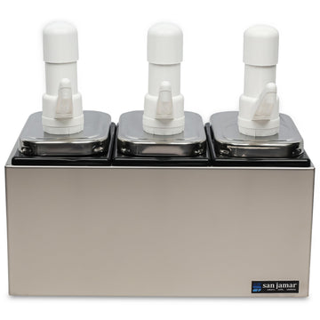 CFS Jamar Stainless Steel Condiment Pump Service Center with 3 Wells Black Jars by San Jamar – 14 inches x 7.875 inches x 12.5 inches, 1.0 fluid_ounces, Model P9713