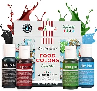 Chefmaster Holiday Colors Liqua-Gel Food Coloring Kit - Water-Based Food Coloring Gel - 4 Pack - Highly Pigmented, Create Vividly Colored Desserts, Christmas, XMas - Made in the USA