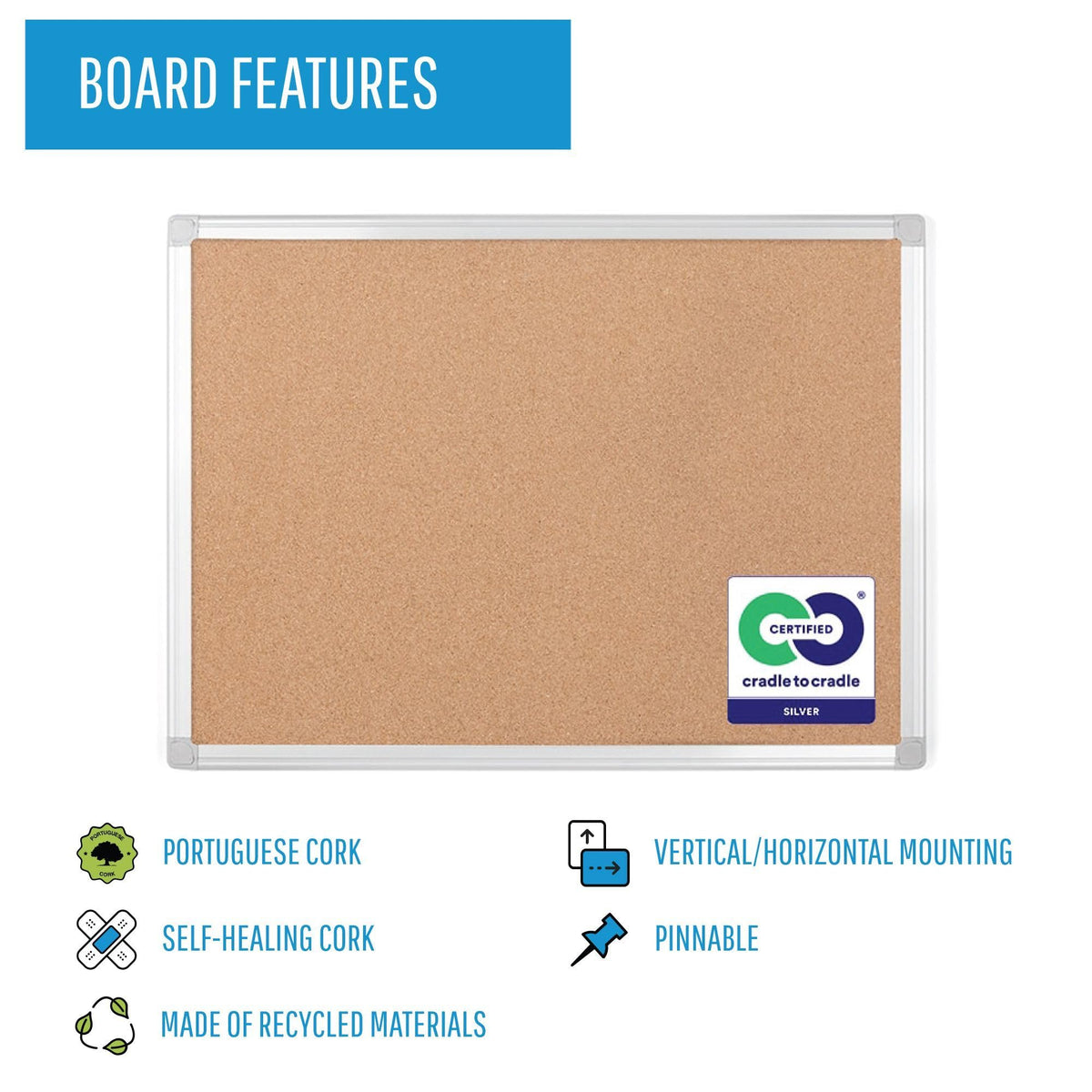 Earth Series Self-Healing Cork Bulletin Board by MasterVision – 18" x 24", Aluminum, Brown, Model CA021790
