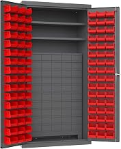 Durham 3501-DLP-60DR11-96-2S1795 Lockable Cabinet with 96 Red Hook-On Bins, 2 Adjustable Shelves, Flush Door Style, 60 Drawer, 36" Wide, 14 Gauge, Gray