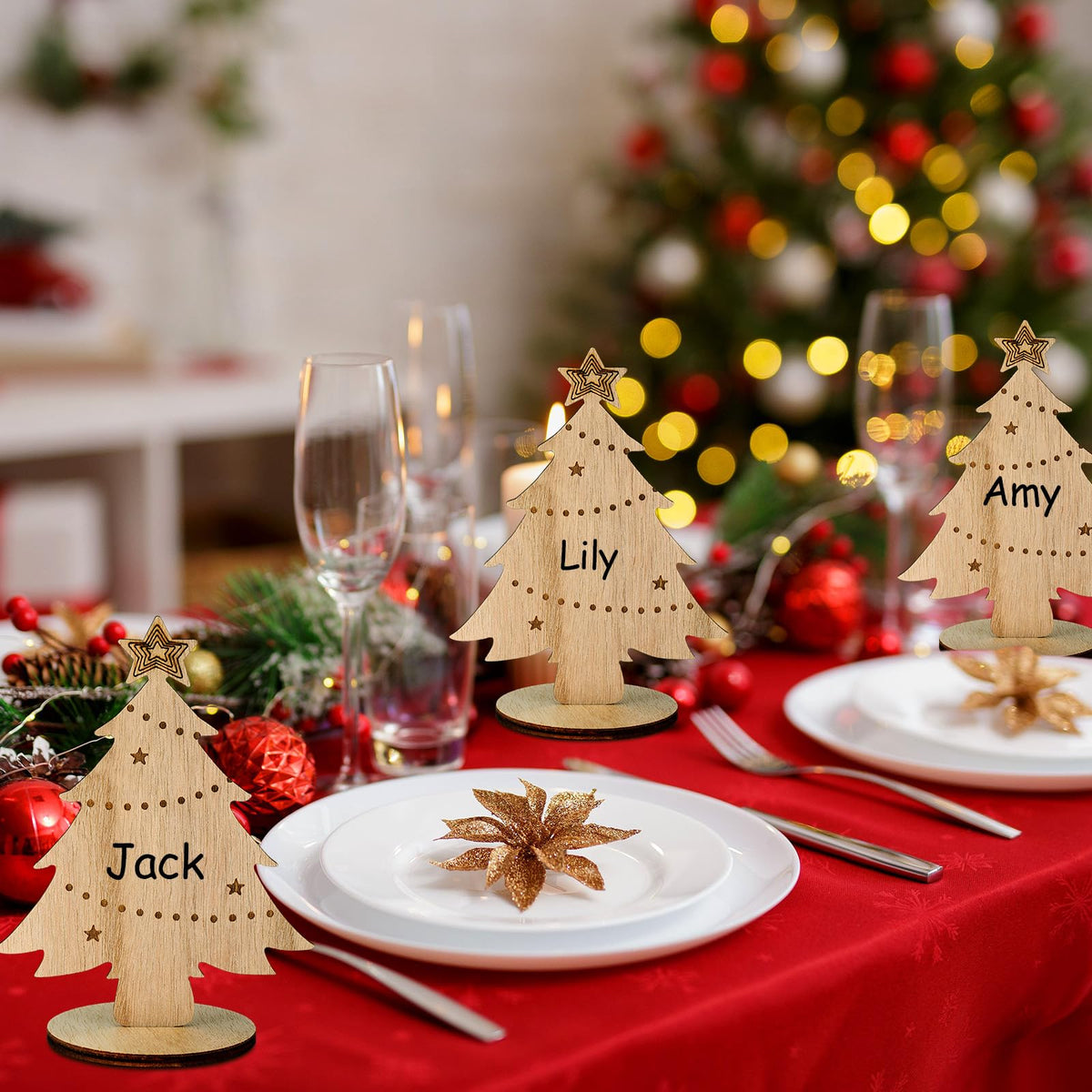Cholemy Wooden Place Card Holders, 5.91 Inches Tall, Christmas Tree, Set of 12