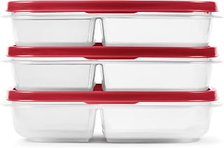 Rubbermaid 3-Pack Plastic Food Storage and Kitchen Organization Container with Dividers for Leftovers and Meal Prep, 5.1 Cup Capacity, Red