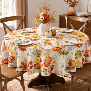 Soheioue Round Tablecloth, 60 Inch Diameter, Brown Autumn Design