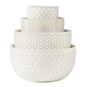 Mikigey Ceramic Nesting Bowls, Embossed Set of 4, Off-White