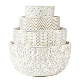Mikigey Ceramic Nesting Bowls, Embossed Set of 4, Off-White