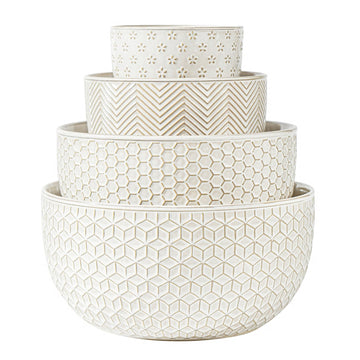 Mikigey Ceramic Nesting Bowls, Embossed Set of 4, Off-White