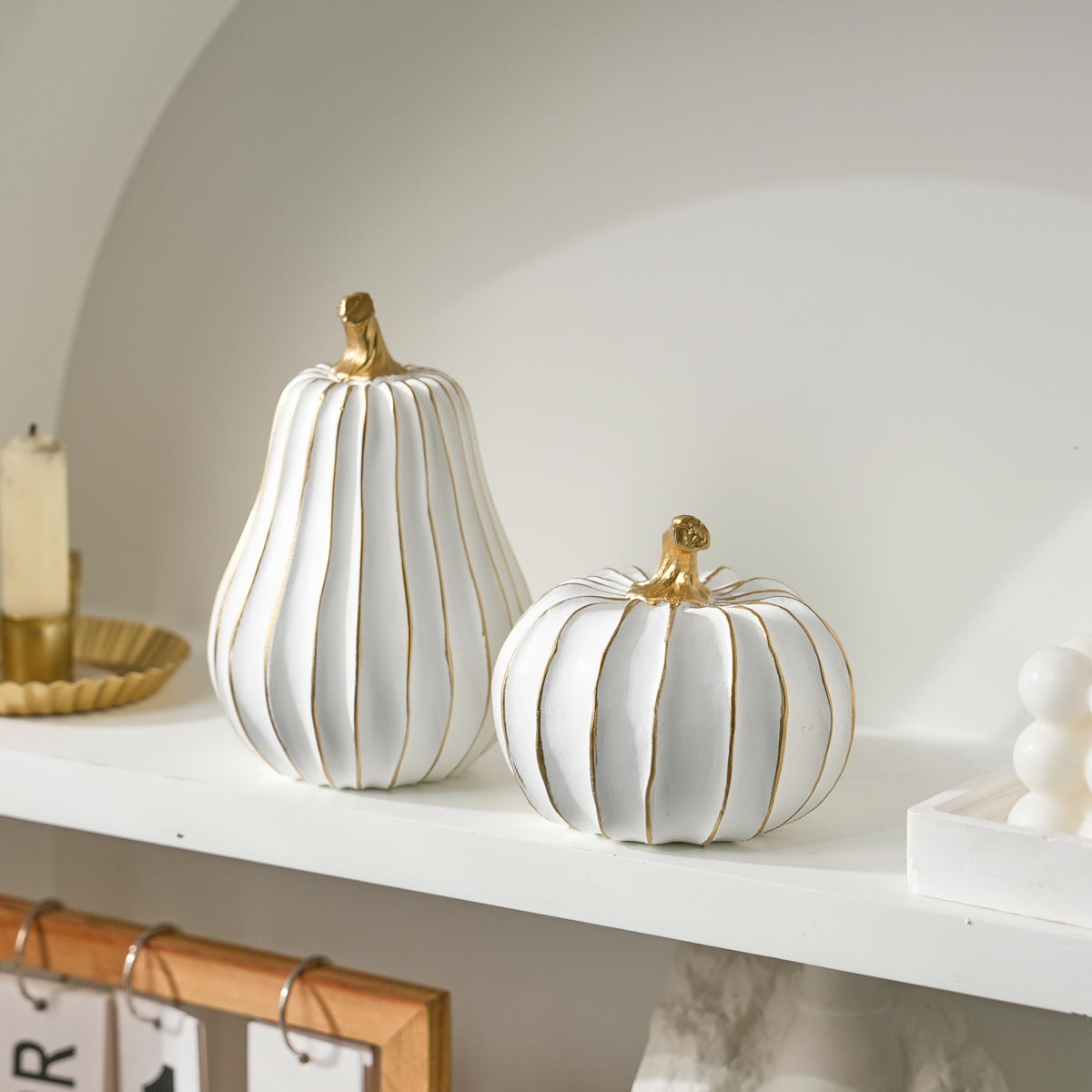 Festglox Resin Pumpkin Decor, White and Gold, Set of 2