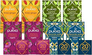 Pukka Tea Bags, Organic (Elderberry + Echinacea, Matcha Green,Chamomile Vanilla & Manuka Honey, & Three Ginger) (2ea) (Variety Pack)
