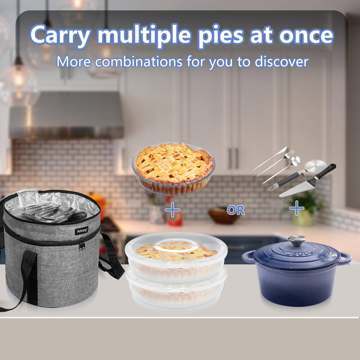 Arineng Pie Carrier Set with Insulated Bag, Holds 3 Pies or Pizza, Grey