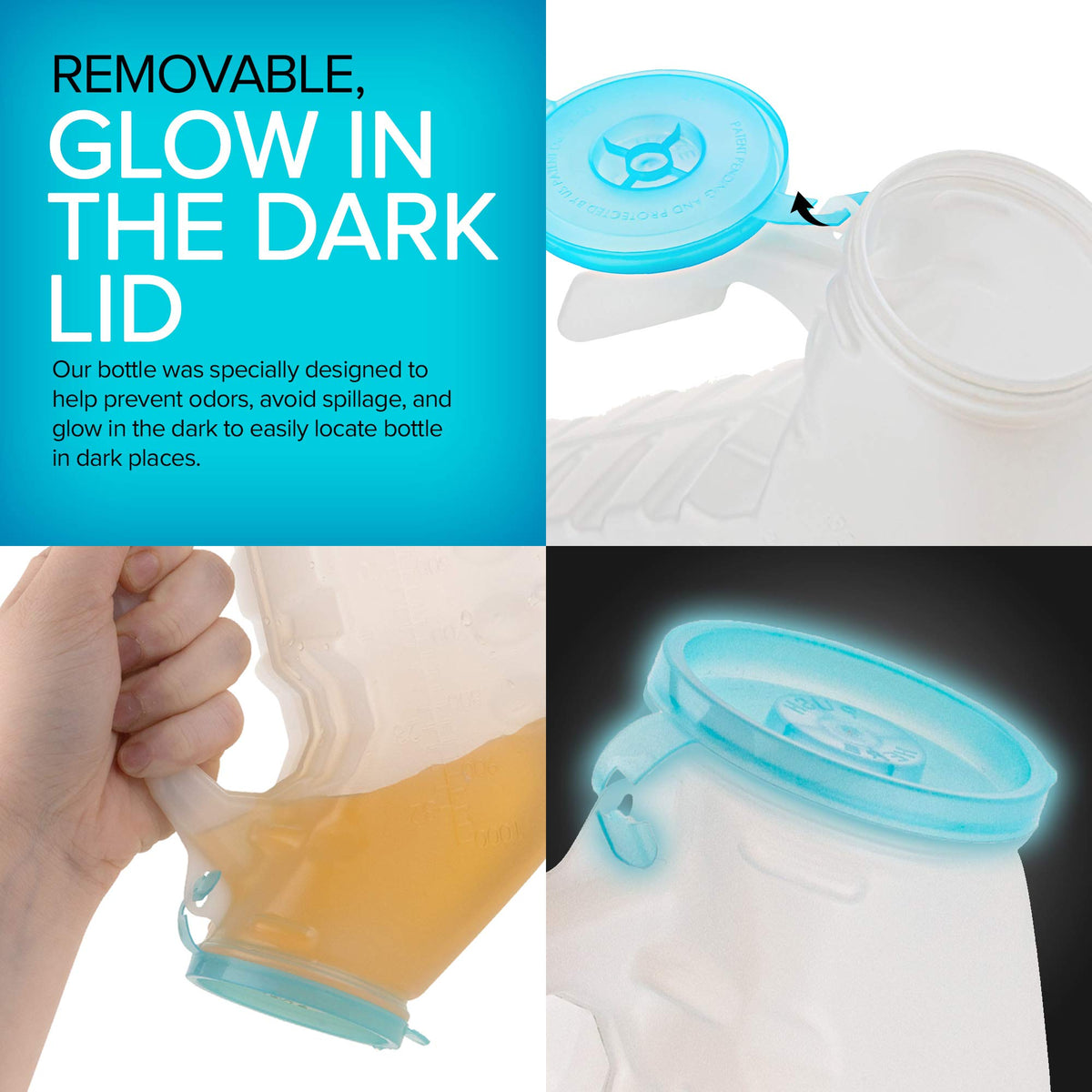 Male Urinal with Glow in The Dark Lid (2 Bottles) 32 Oz Urine Bottles for Men - Pee Bottles for Hospitals by Stock Your Home – 2 Pack, plastic, White, Pack of 2, Model 1301