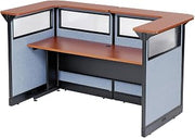 Global Industrial 88" W x 44" D x 46" H U-Shaped Reception Station with Window and Raceway, Cherry Counter/Blue Panel